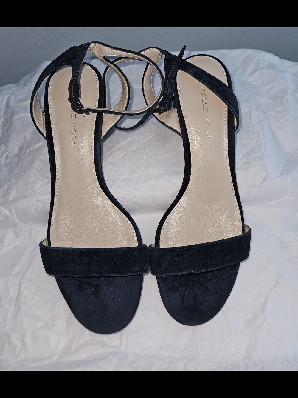 Pelle Moda Navy Black Suede Ankle Strap Block Heel Sandals 7.5M